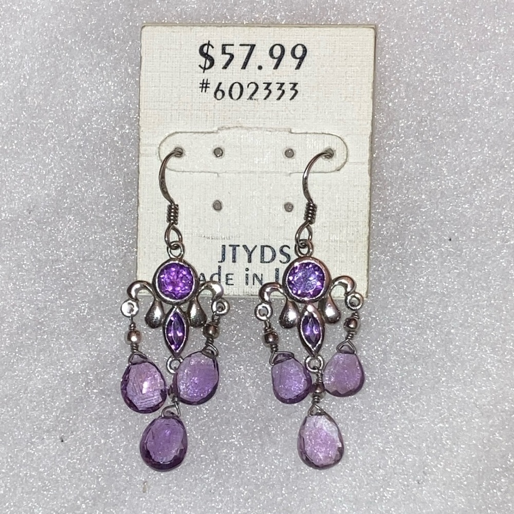 Unmarked Silver & Amethyst Dangle EARRINGS Made In India,NWT